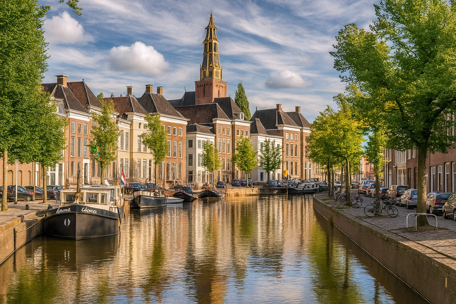 Blick auf die Altstadt von Groningen mit Booten am Kanal und der Akerk Kirche im Hintergrund unter einem Himmel mit Zirrus- und Kumuluswolken.