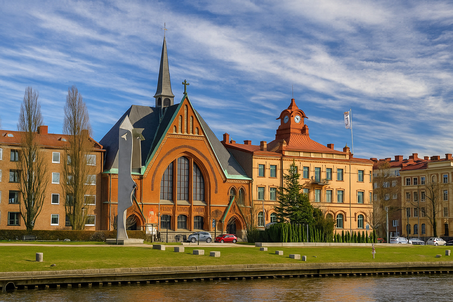 Blick auf die Immanuelskyrkan Kirche in Halmstad am Nissan Fluss mit umliegenden historischen Gebäuden und Himmel mit Zirrus- und Kumuluswolken.