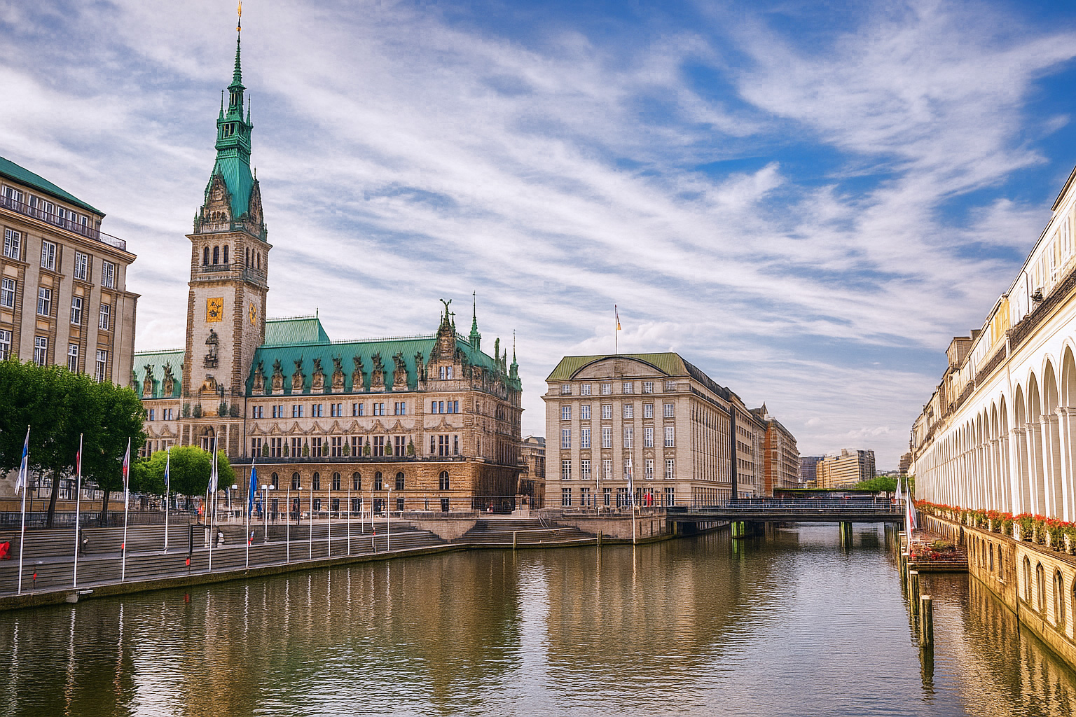 Blick auf die Kleine Alster in Hamburg mit dem historischen Rathaus und den umliegenden Gebäuden unter einem Himmel mit Zirrus- und Kumuluswolken.