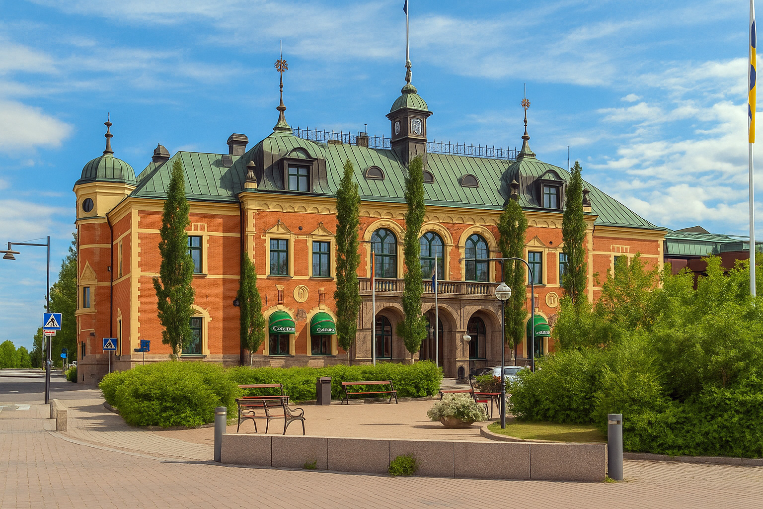 Torget Platz in Haparanda mit dem historischen roten Stadshotel und grüner Kupferdacharchitektur unter blauem Himmel mit weißen Wolken.