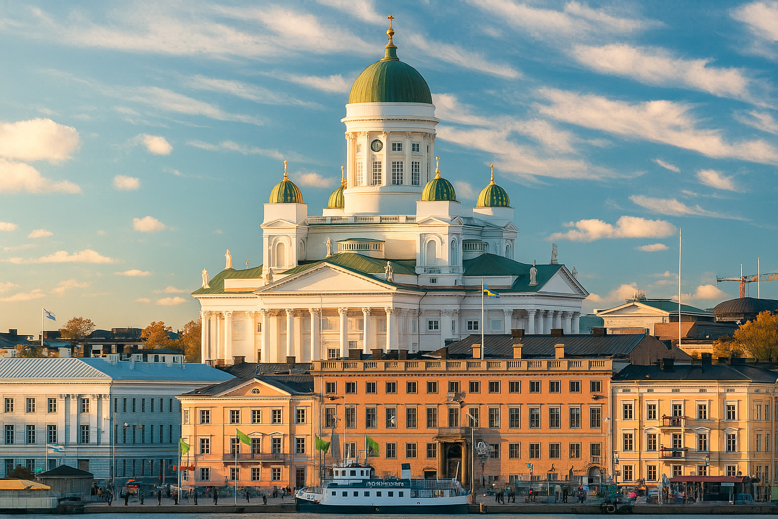 Panorama der Hafenpromenade in Helsinki mit dem weißen Dom und den historischen Gebäuden im Sonnenlicht unter blauem Himmel mit weißen Wolken.