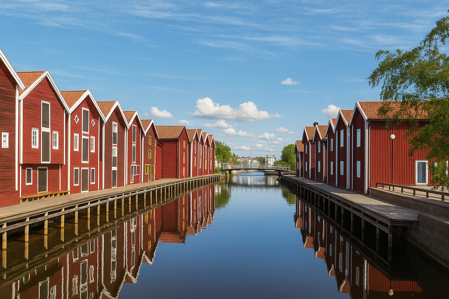 Uferpromenade in Hudiksvall mit traditionellen roten schwedischen Holzhäusern, die sich im ruhigen Wasser des Kanals spiegeln, unter blauem Himmel mit weißen Wolken.