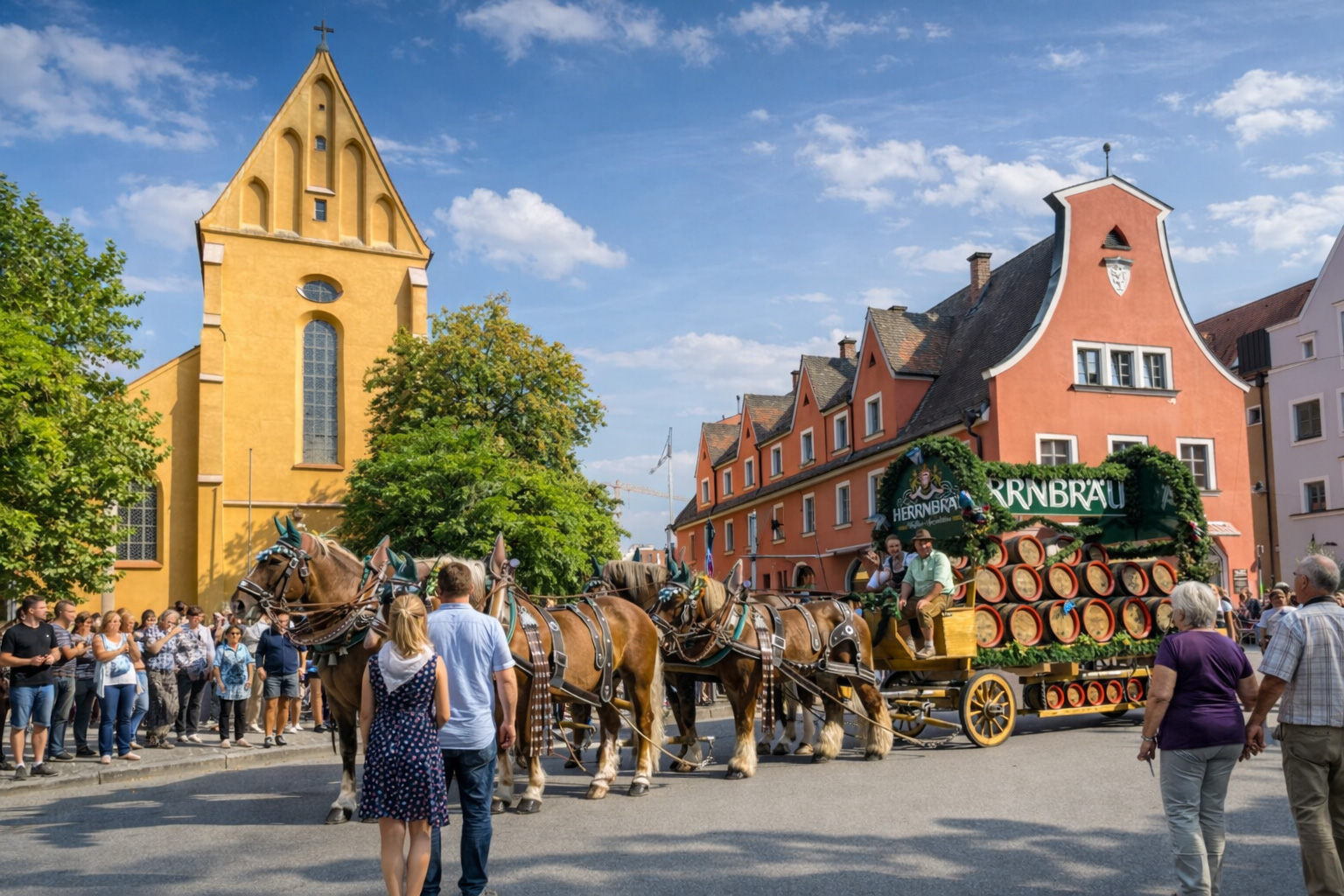 Altstadt von Ingolstadt mit Bierwagenparade in sonnigem Festumzug