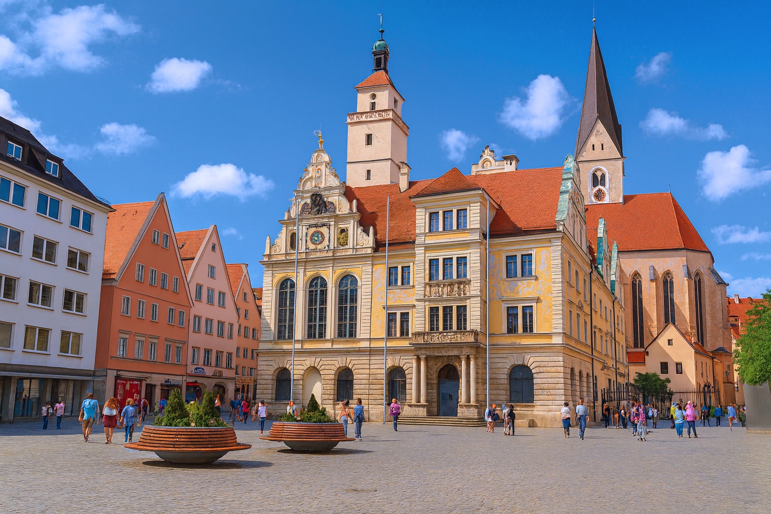 Altstadt von Ingolstadt mit dem historischen Rathaus und der Kirche St. Moritz, belebt mit Spaziergängern auf dem Platz.