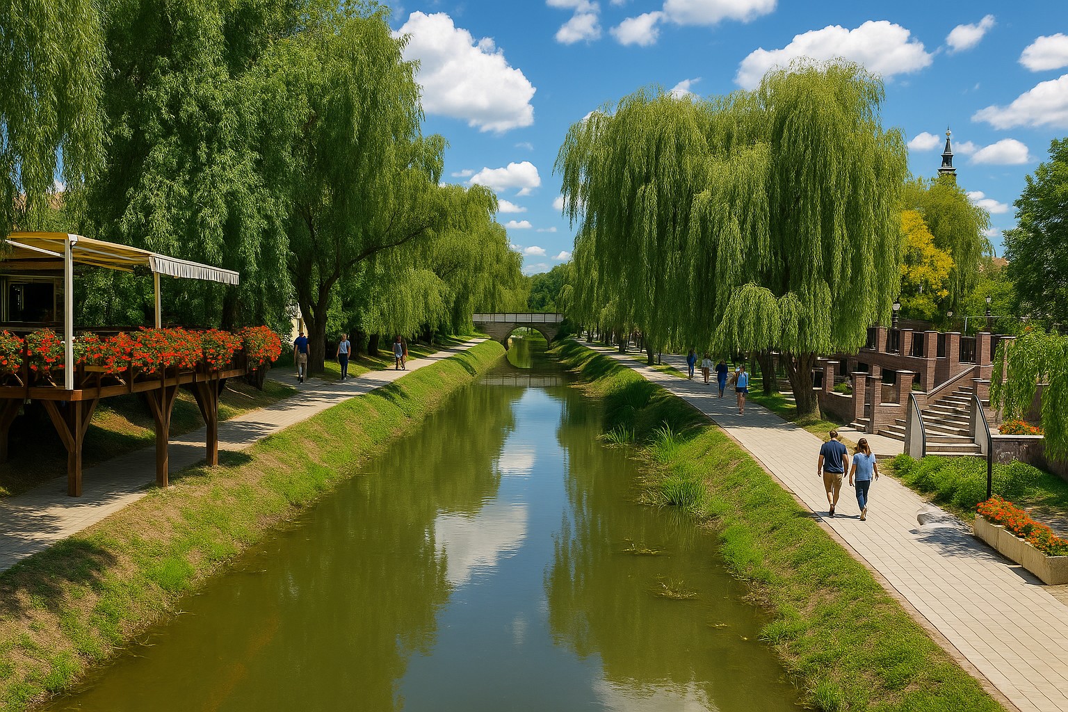 Uferpromenade in Jászberény mit Fluss, gesäumt von Weidenbäumen, Spaziergängern auf den Wegen und blauem Himmel mit weißen Wolken.