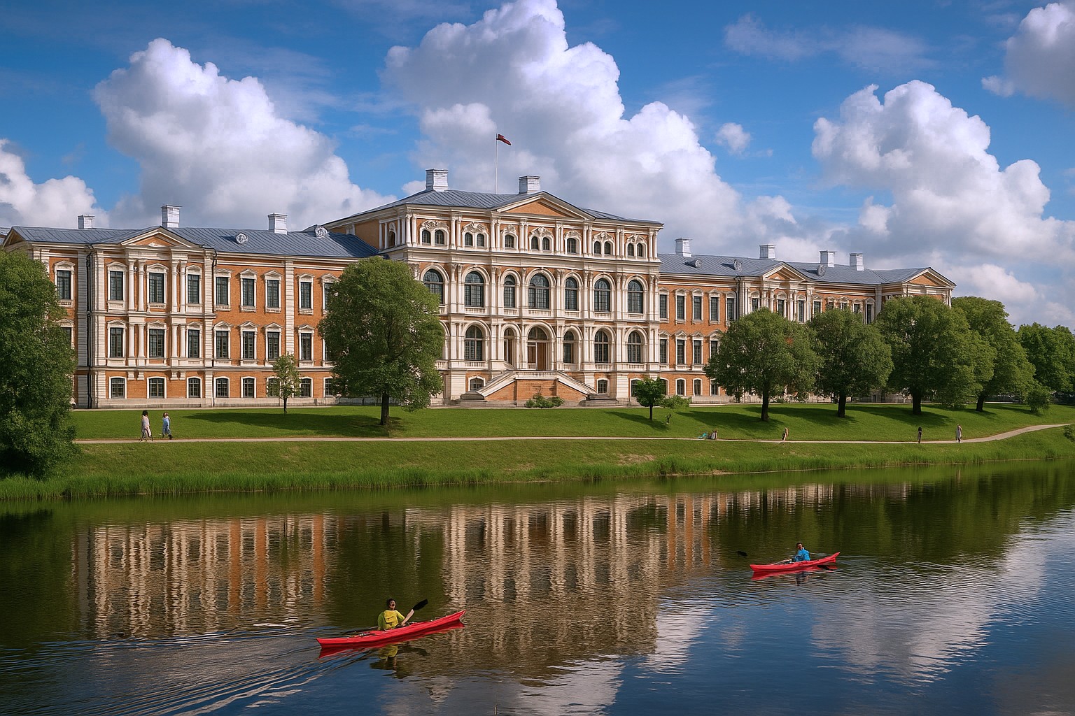 Jelgava Schloss in Lettland – barocke Architektur am Fluss Lielupe, Spaziergänger am Ufer und zwei Kanufahrer auf dem Wasser.
