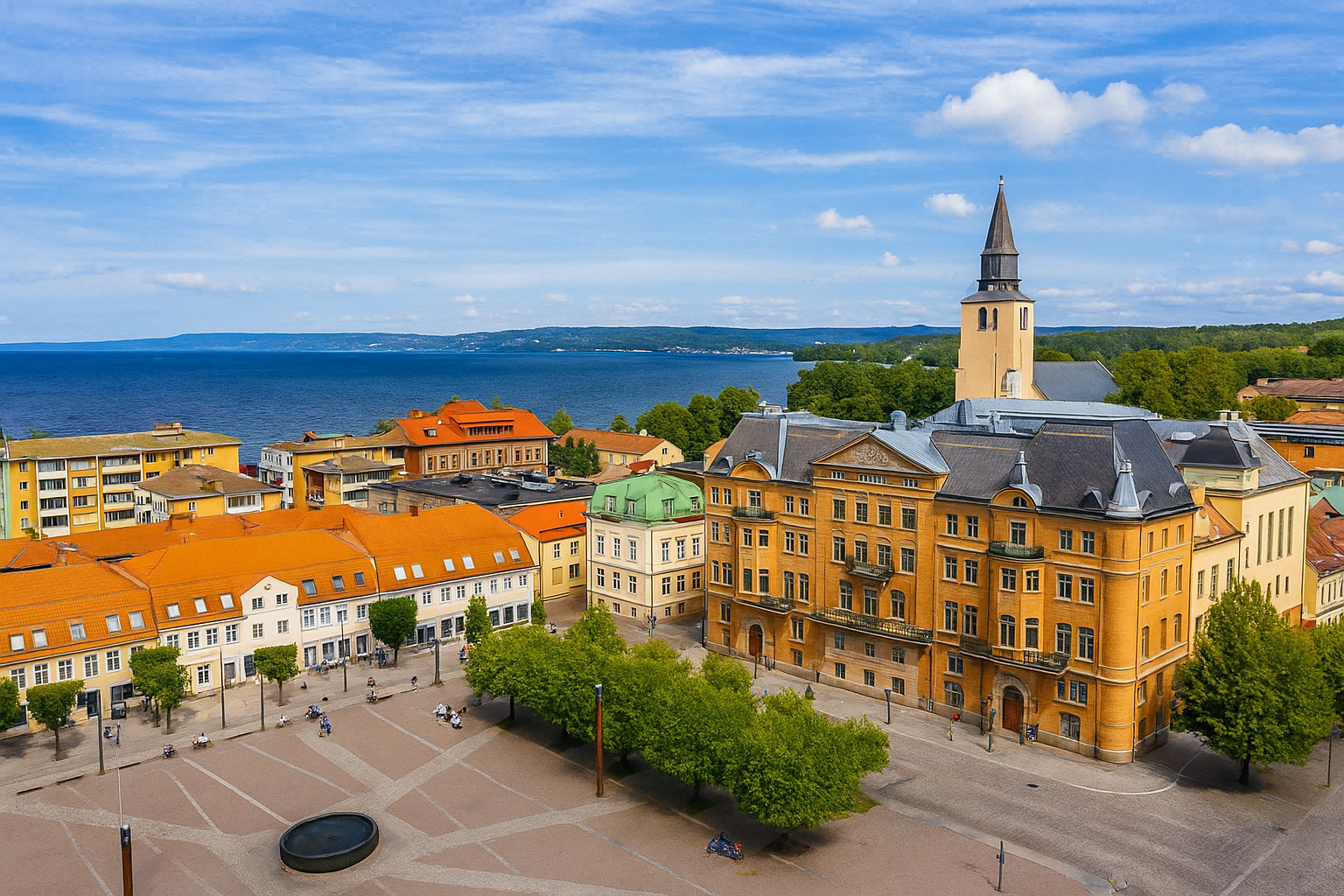 Luftaufnahme vom Hauptplatz in Jönköping mit dem Krönikebrunnen und Blick auf den Vätternsee unter einem Himmel mit Zirrus- und Kumuluswolken.
