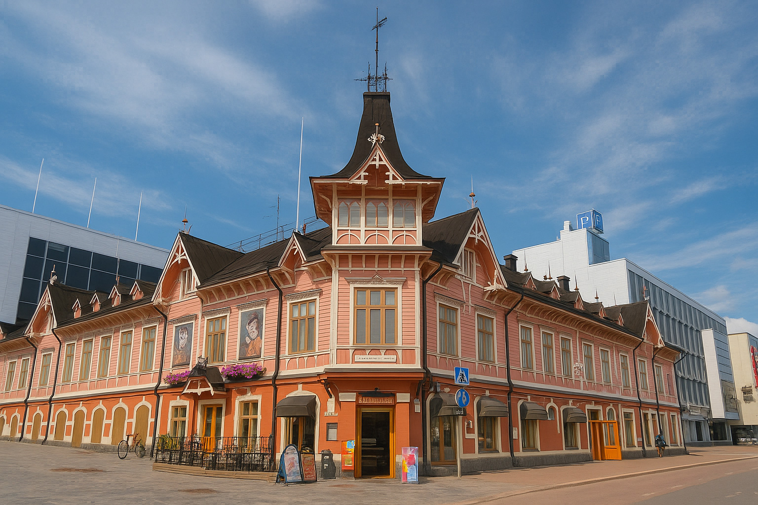 Historisches Nikolainkulma-Holzgebäude in Jyväskylä mit verspielter Fassade und Turmspitze unter blauem Himmel mit weißen Wolken.