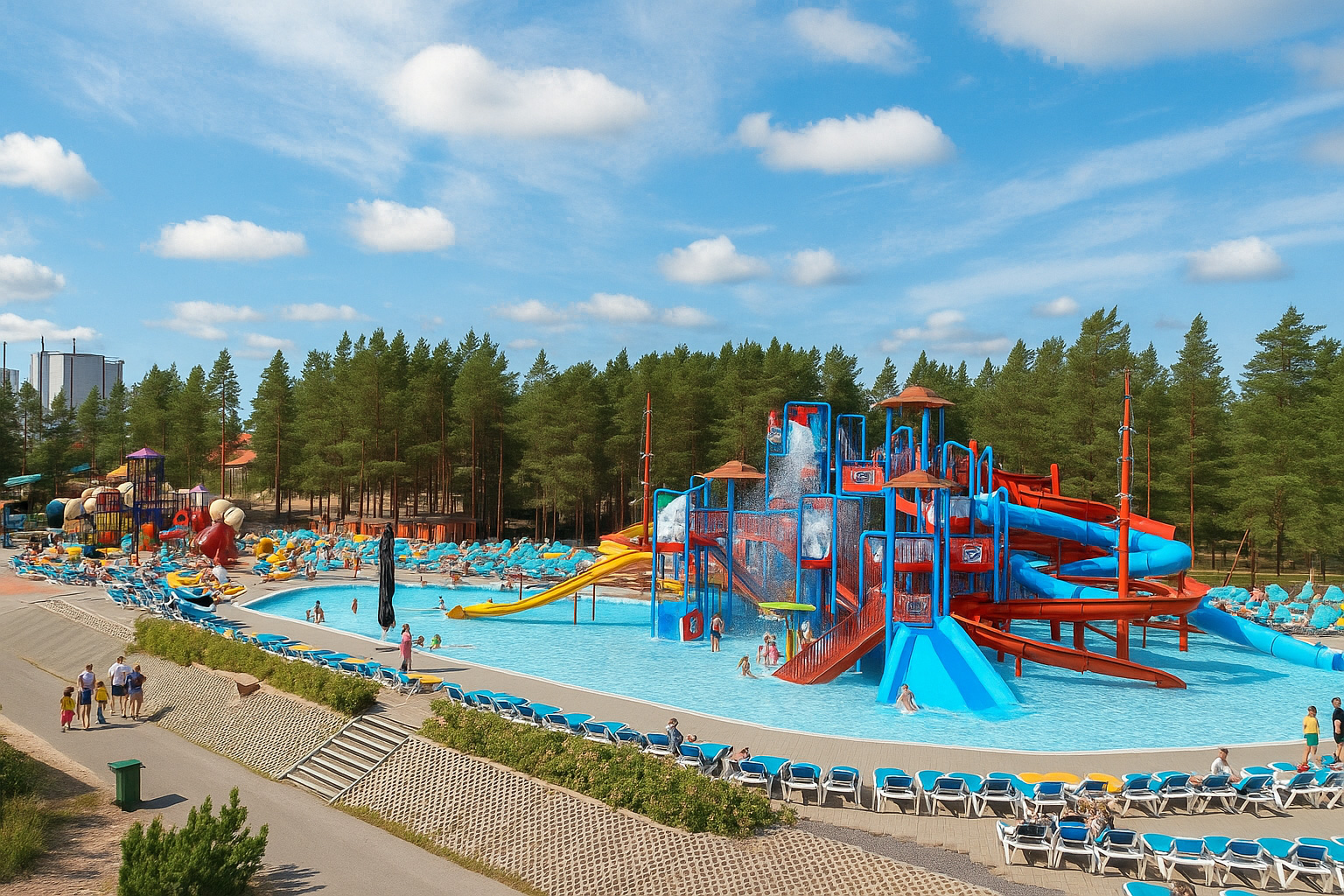 Wasserpark Jukupark in Kalajoki mit bunten Wasserrutschen, Becken und Liegestühlen, umgeben von Kiefernwald unter blauem Himmel mit weißen Wolken.