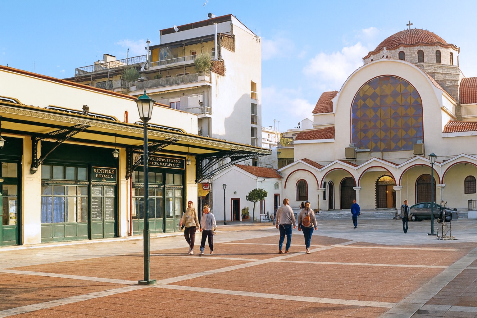 Marktplatz in Karditsa mit dem städtischen Marktgebäude und der orthodoxen Kirche des Heiligen Georg im Hintergrund, sonniger Platz mit Spaziergängern.