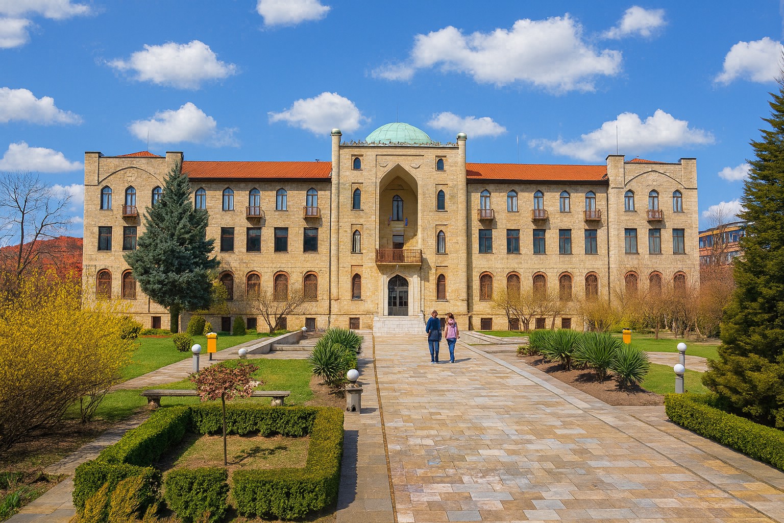 Regionales Historisches Museum in Kardschali in byzantinischer Architektur mit Gartenanlage, blauem Himmel und zwei Spaziergängern auf dem Weg zum Eingang.