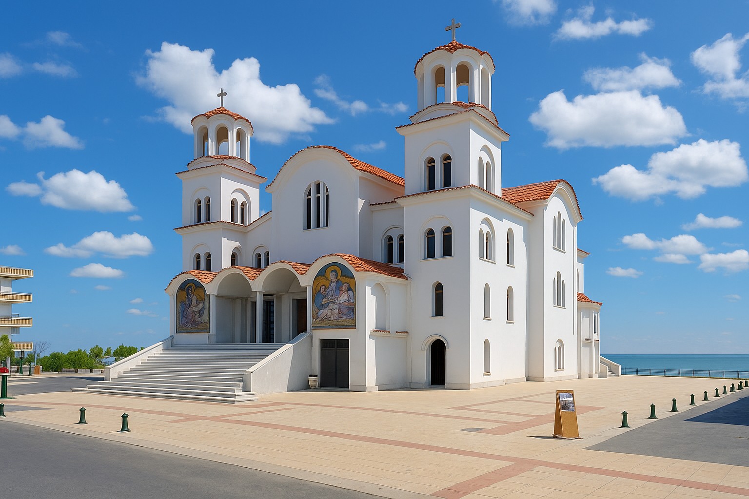 Orthodoxe Kathedrale in Katerini mit weißen Fassaden und roten Ziegeldächern bei blauem Himmel mit weißen Wolken.