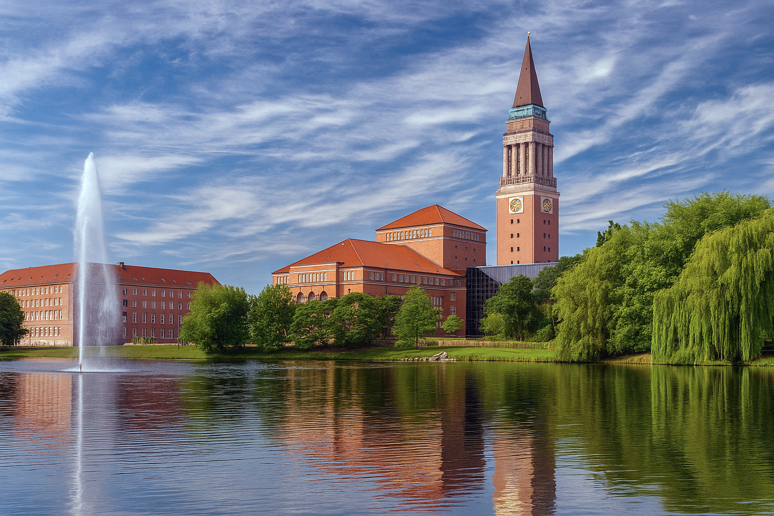 Blick auf den See im Hiroshima-Park in Kiel mit dem Rathausturm und den umliegenden Gebäuden, umgeben von Bäumen und reflektiert im Wasser unter einem Himmel mit Zirrus- und Kumuluswolken.
