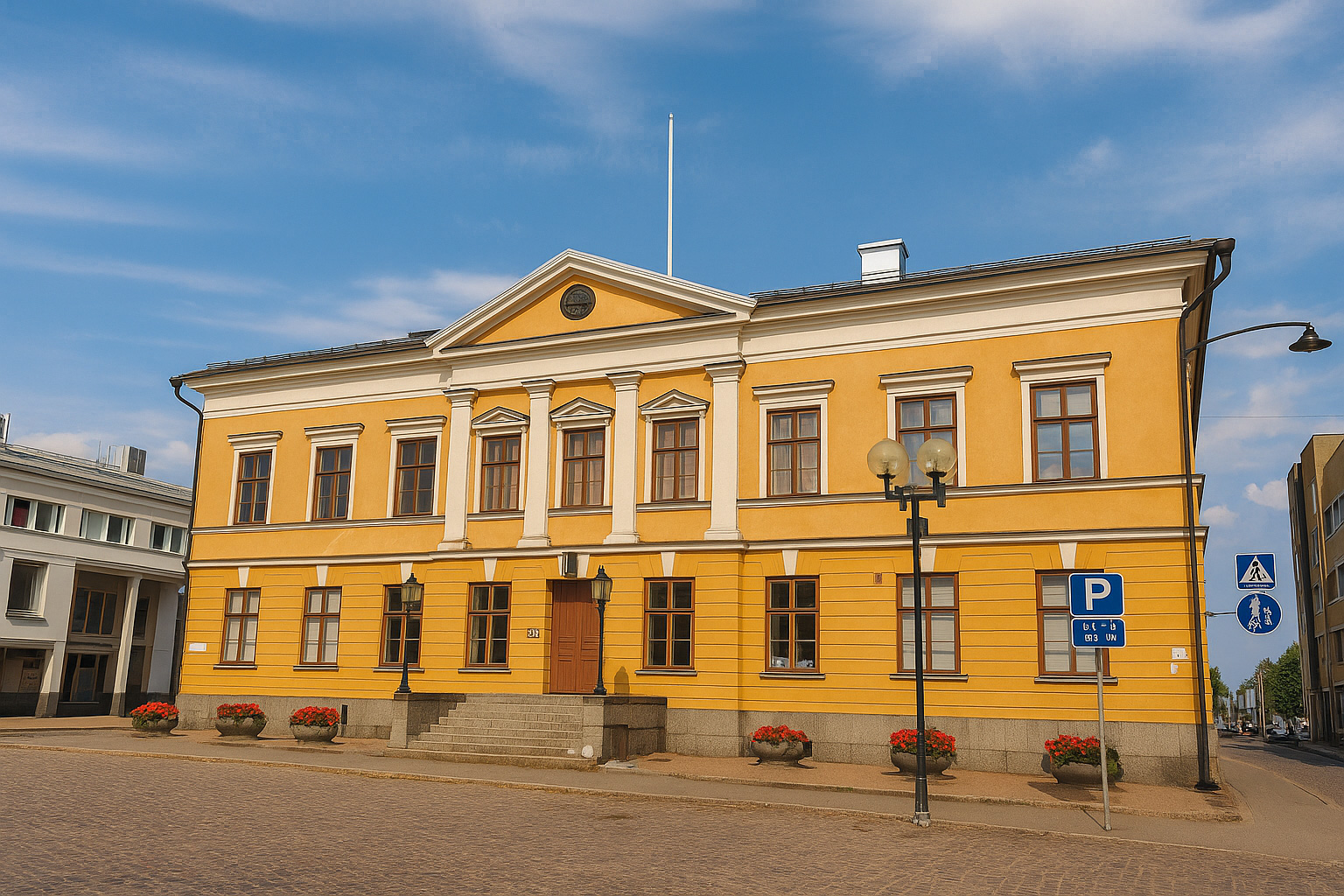 Rathaus von Kokkola mit gelber klassizistischer Fassade und weißen Säulen an einer Kopfsteinpflasterstraße unter blauem Himmel mit weißen Wolken.