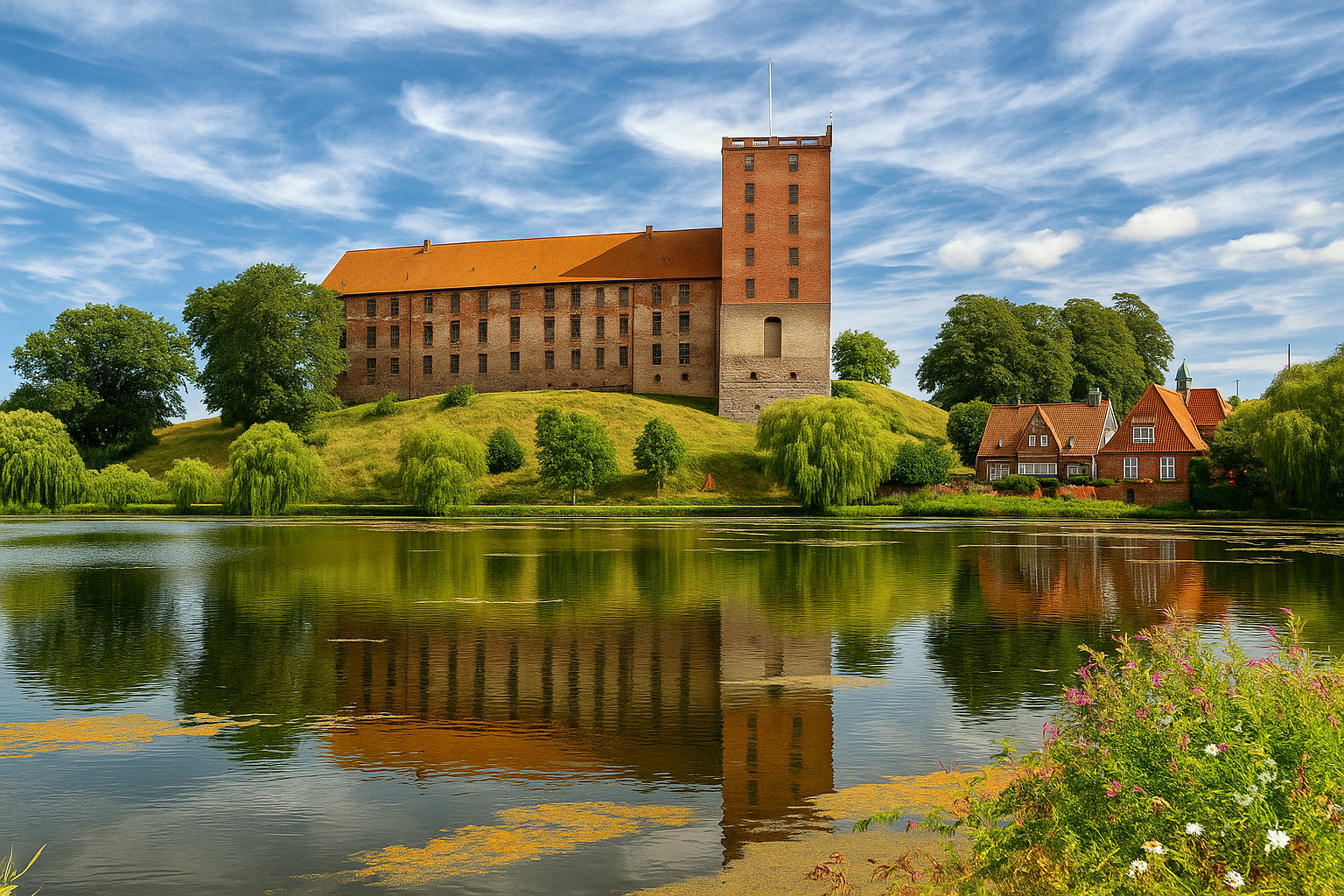 Blick auf das Museum Koldinghus in Kolding mit rotem Backsteingebäude, grünen Bäumen und Spiegelung im See unter einem Himmel mit Zirrus- und Kumuluswolken.