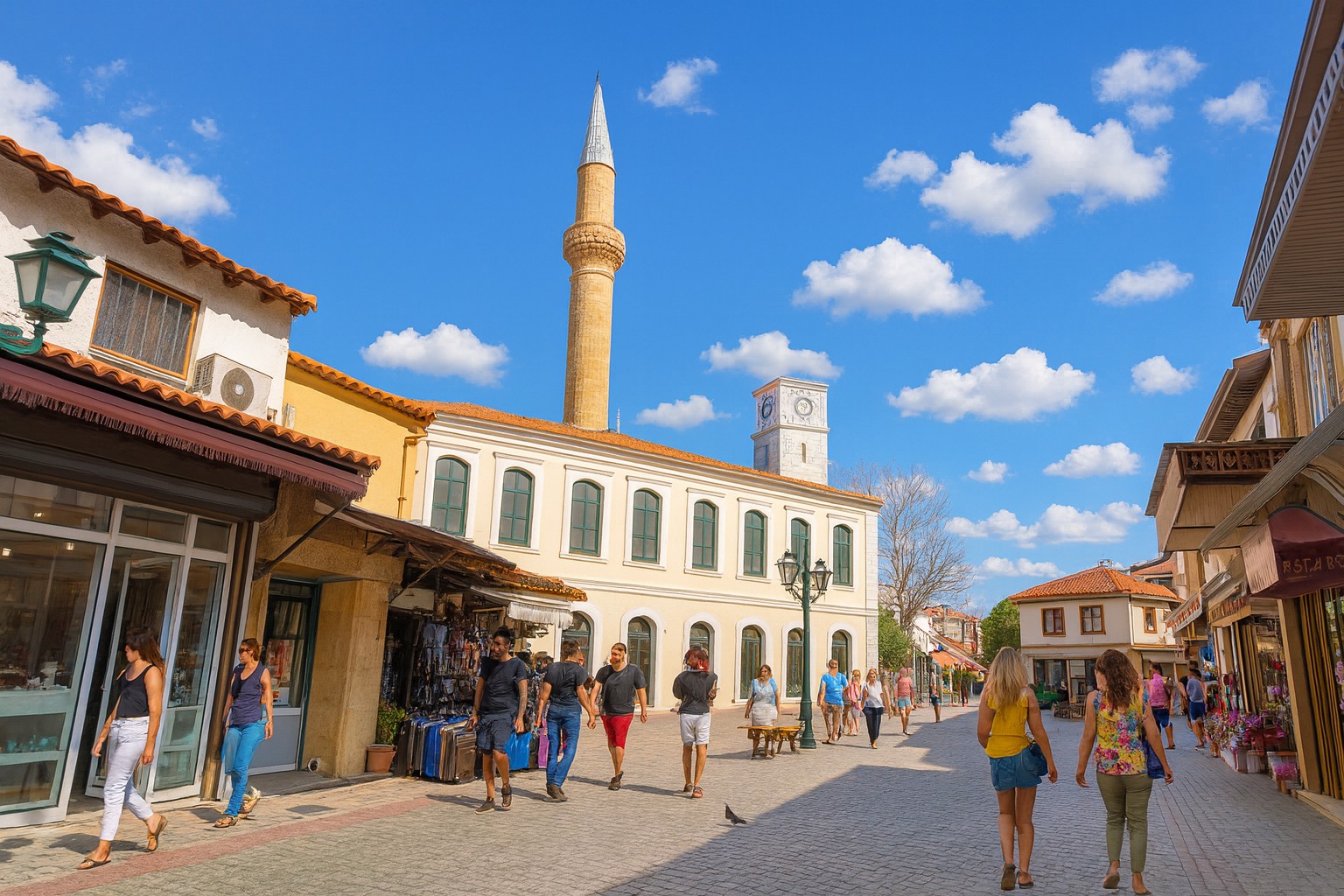Altstadt von Komotini mit Marktstraße, Minarett, Uhrturm und Passanten in sommerlicher Kleidung unter blauem Himmel mit weißen Wolken.