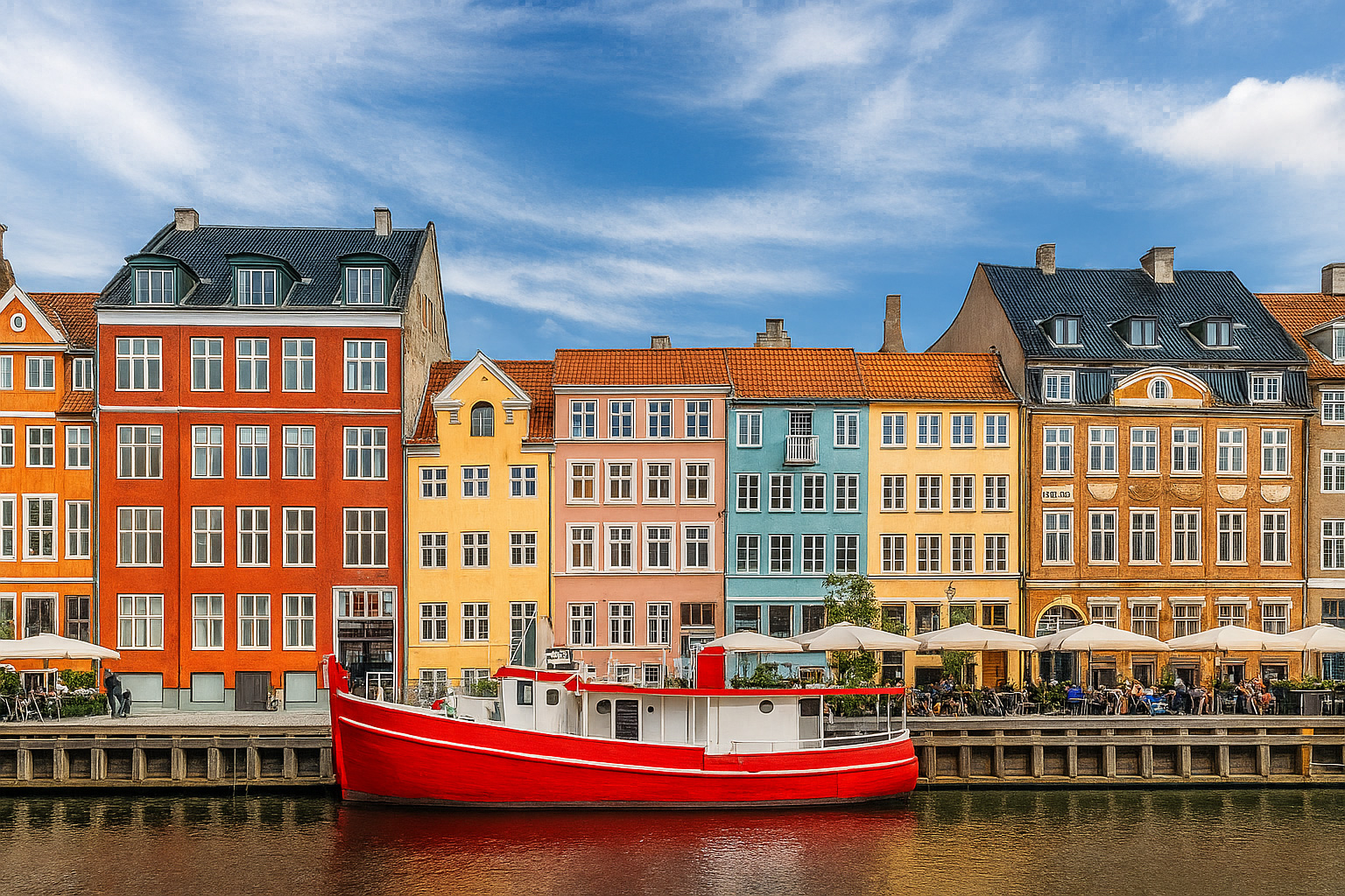 Blick auf den Nyhavn Kanal in Kopenhagen mit bunten historischen Häusern, Booten und Straßencafés unter einem Himmel mit Zirrus- und Kumuluswolken.