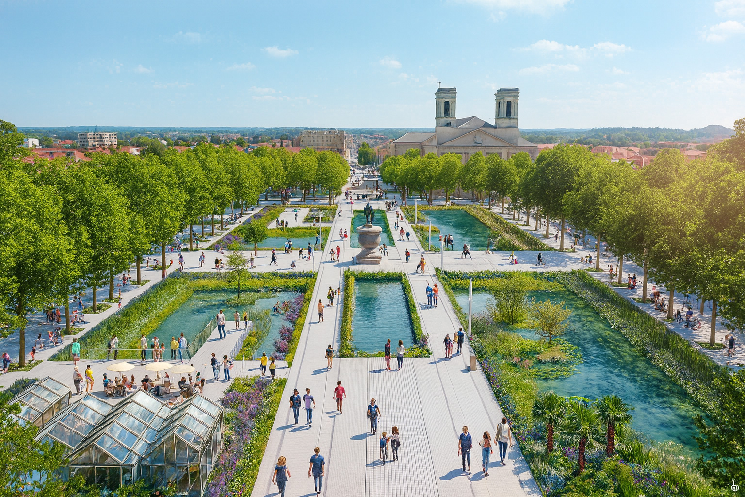 Belebter Place Napoléon in La Roche-sur-Yon mit Spaziergängern, Wasserbecken, Blumenanlagen, Caféterrasse und der Église Saint-Louis im Hintergrund bei sonnigem Wetter.