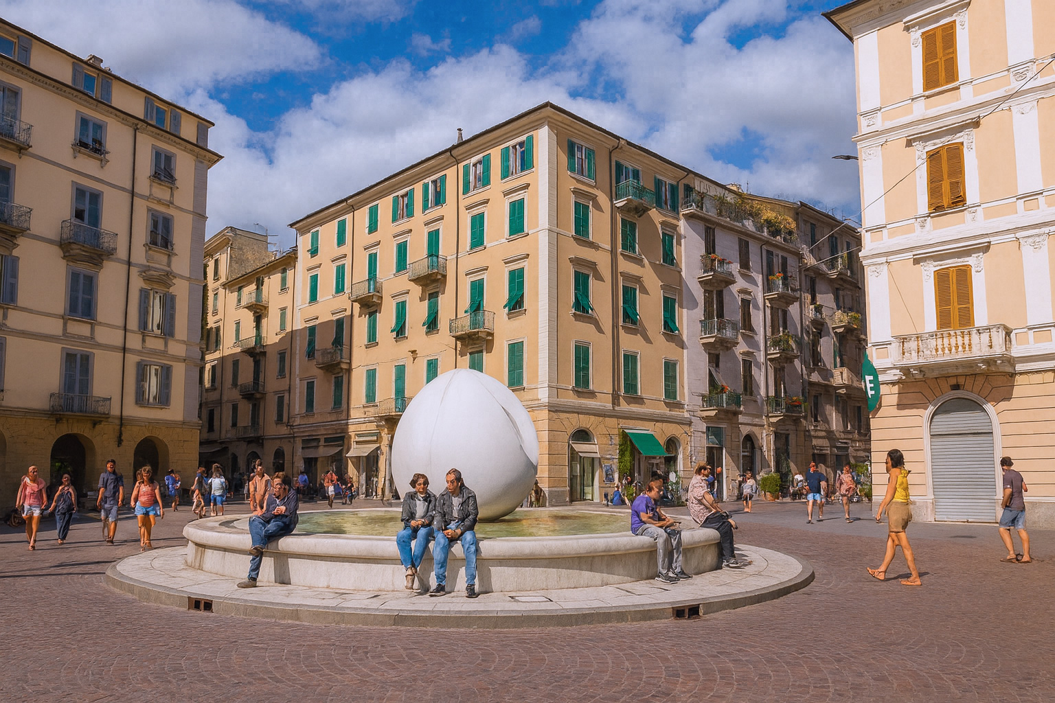 Piazza Giuseppe Garibaldi in La Spezia mit modernem Brunnen, Spaziergängern in sommerlicher Kleidung und malerischen weiß-grauen Wolken im Sonnenschein.