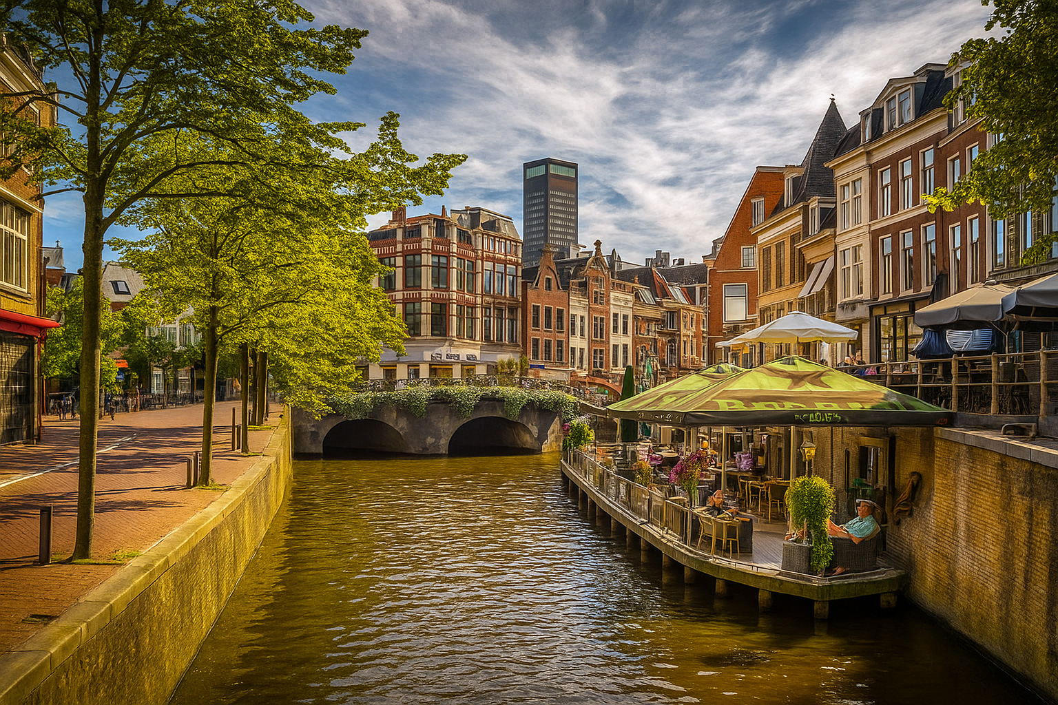 Blick auf die Altstadt von Leeuwarden mit einem schwimmenden Café am Kanal, historischen Gebäuden und einem Himmel mit Zirrus- und Kumuluswolken.
