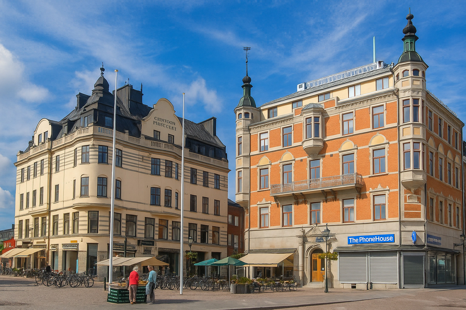 Blick auf den Storgatan Platz in Linköping mit historischen Gebäuden, Straßencafés und Marktständen unter einem Himmel mit Zirrus- und Kumuluswolken.