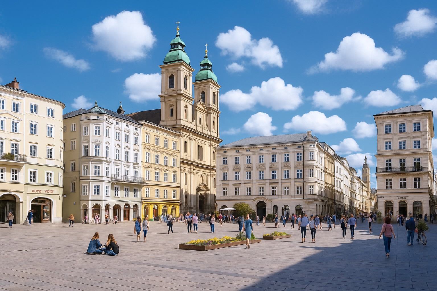 Hauptplatz in Linz mit dem Alten Dom im Hintergrund, historischen Fassaden, weißen Wolken am Himmel und Spaziergängern auf dem Platz.