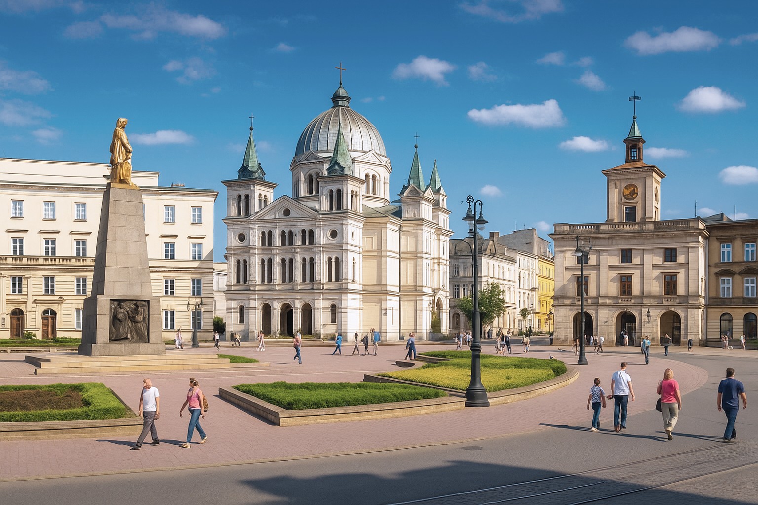 Plac Wolności in Łódź in Polen mit der Kirche Kościół Zesłania Ducha Świętego im Hintergrund, bei bestem Sonnenschein mit malerischen Wolken, belebter Platz mit Spaziergängern.