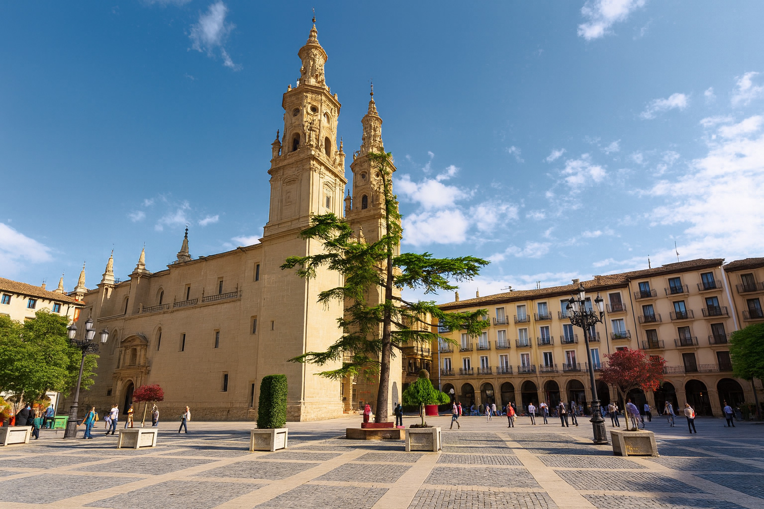 Plaza del Mercado in Logroño mit der Concatedral de Santa María de la Redonda, umgeben von historischen Gebäuden und Spaziergängern bei sonnigem Wetter mit weißen Wolken.