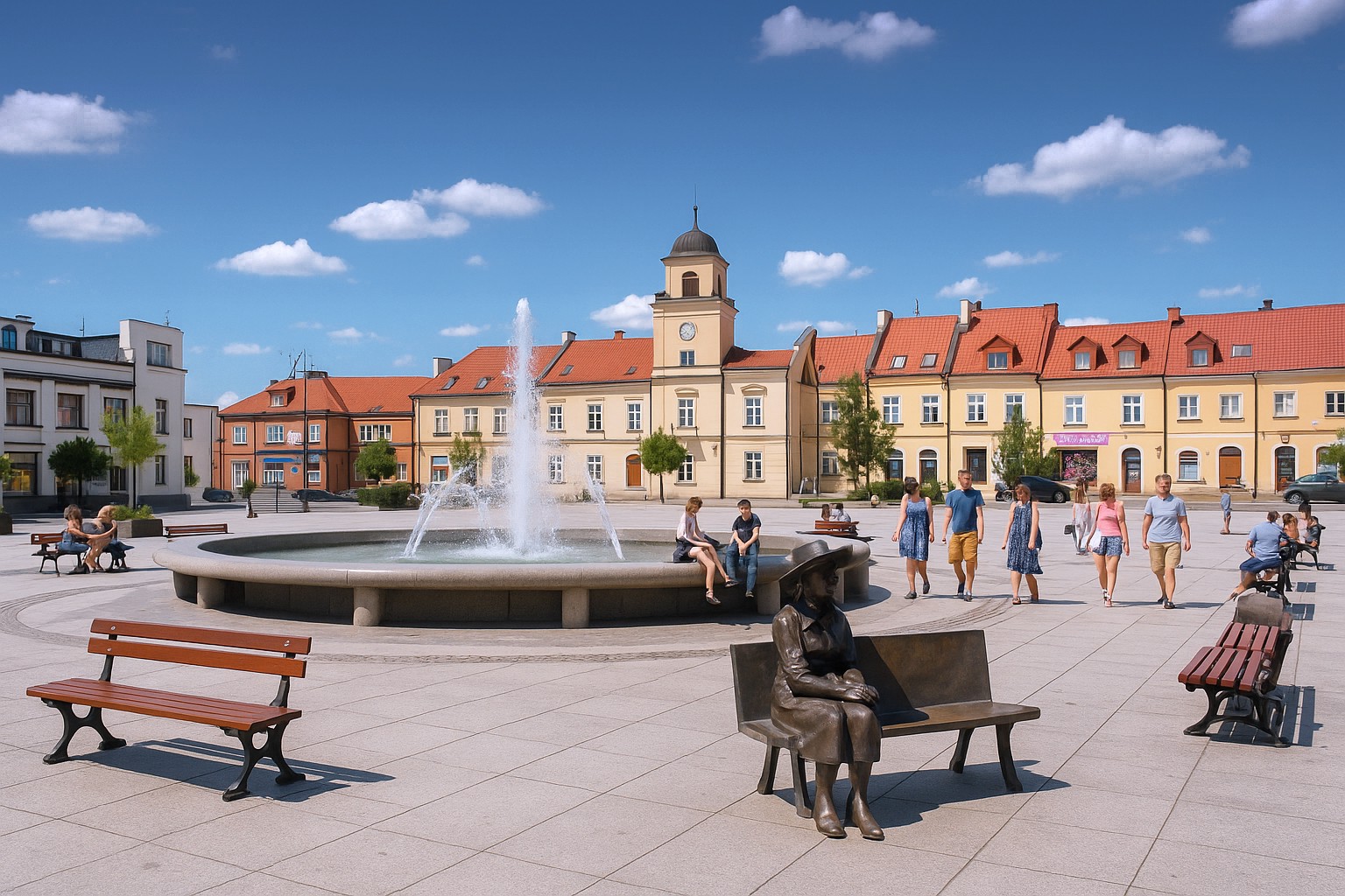 Alter Marktplatz in Łomża in Polen mit zentralem Brunnen und historischem Rathaus, zur Mittagszeit im besten Sonnenschein mit malerischen Wolken, Spaziergänger schlendern über den Platz und einige sitzen am Brunnen.