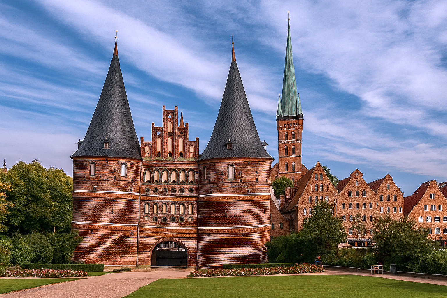 Blick auf das Holstentor in Lübeck mit der Kirche St. Petri zu Lübeck im Hintergrund unter einem Himmel mit Zirrus- und Kumuluswolken.