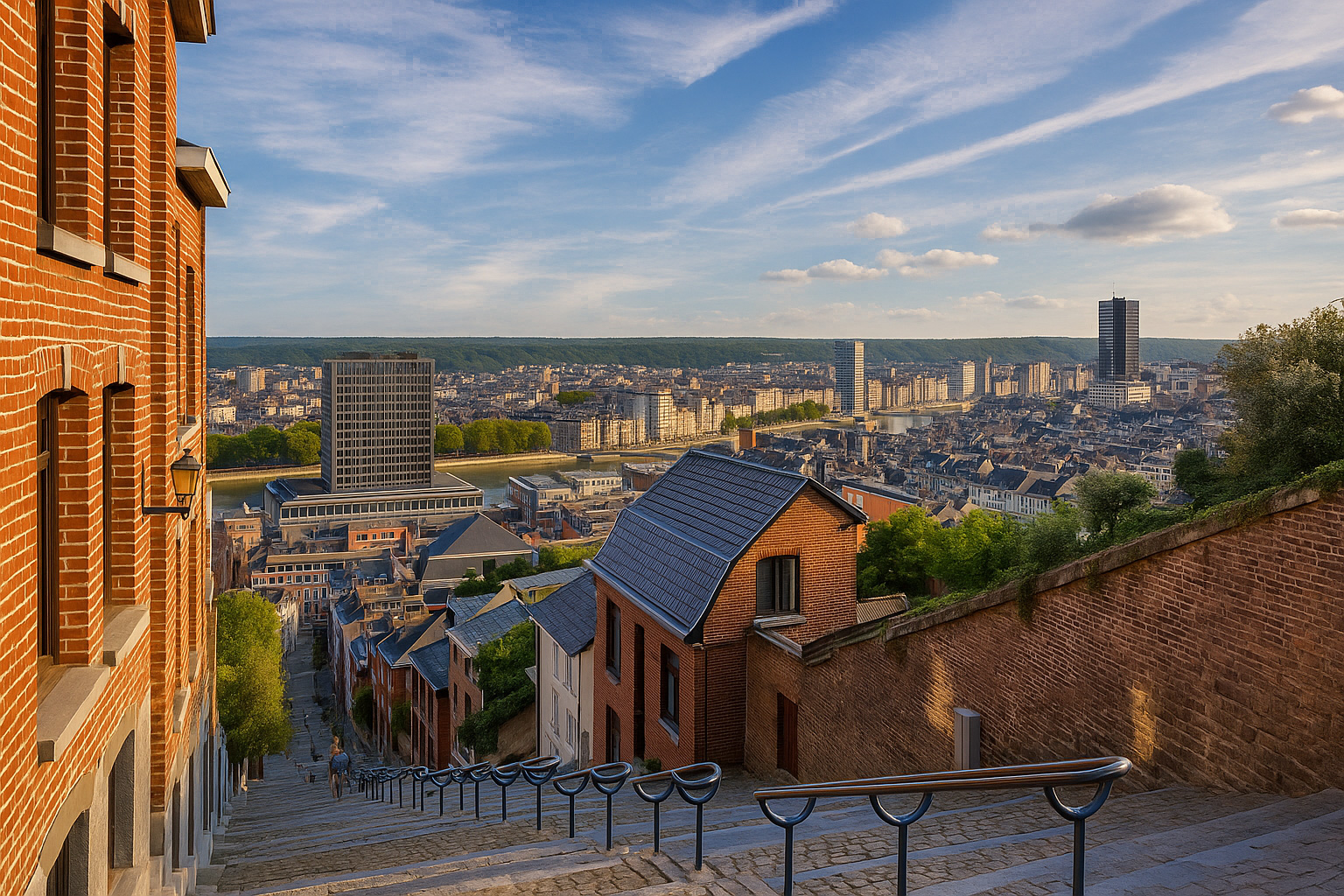 Panorama der Stadt Lüttich mit der steilen Bueren-Berg Treppe im Vordergrund und Blick auf die Stadt und die Maas unter einem Himmel mit Zirrus- und Cumuluswolken bei Sonnenlicht.