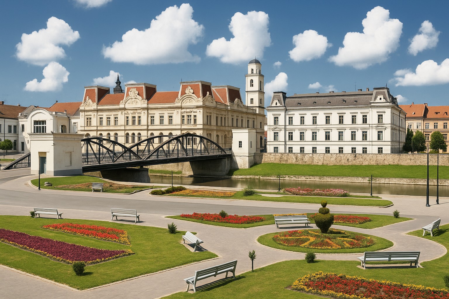 Moderne Ansicht von Lugosch mit historischer Architektur und Brücke über den Fluss, umgeben von Blumenanlagen und Parkbänken, bei bestem Tageslicht mit großen weißen Wolken.