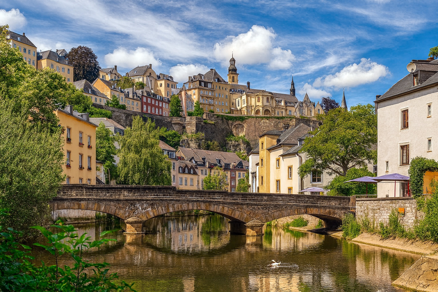 Panorama der Altstadt von Luxemburg mit der Pont du Grund Brücke über dem Fluss und den historischen Gebäuden auf dem Felsen unter einem Himmel mit Zirrus- und Cumuluswolken bei Sonnenlicht.