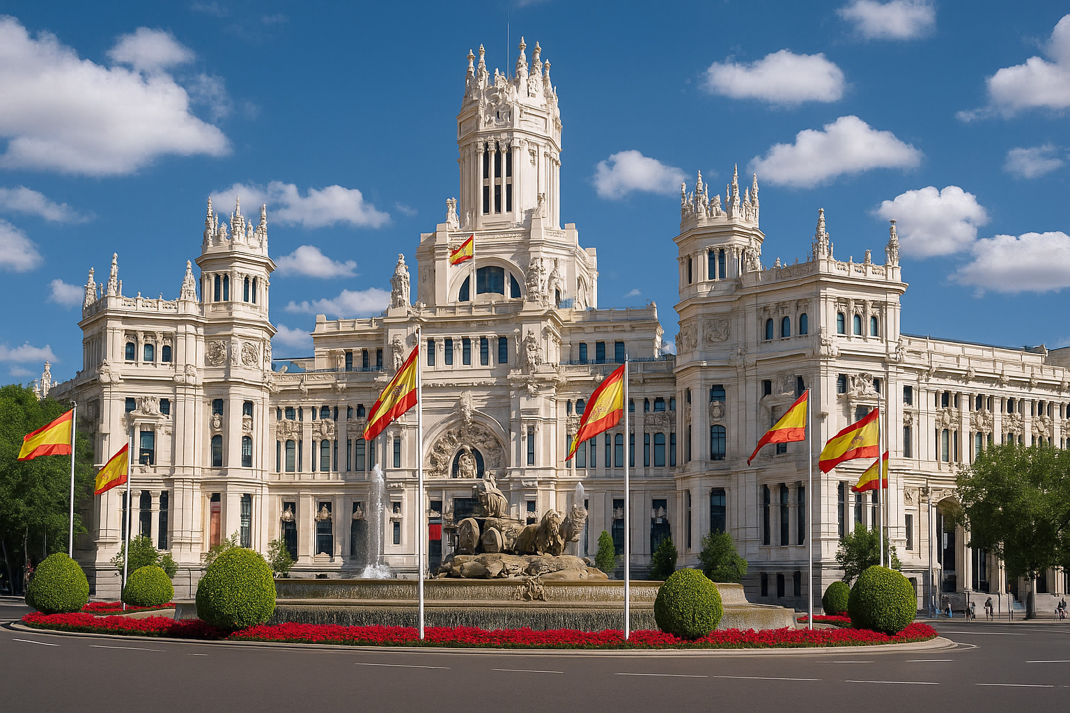 Palacio de Cibeles in Madrid mit dem Cibeles-Brunnen, spanischen Flaggen und leuchtender Fassade bei strahlendem Sonnenlicht und malerischen weiß-grauen Wolken.