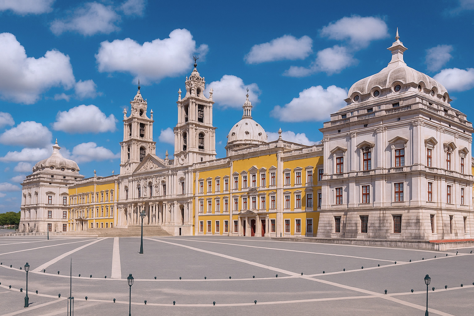 Nationalpalast von Mafra in Portugal mit barocker Fassade, Türmen und Kuppeln bei klarem Sonnenlicht und malerischen weiß-grauen Wolken über dem weiten Vorplatz.