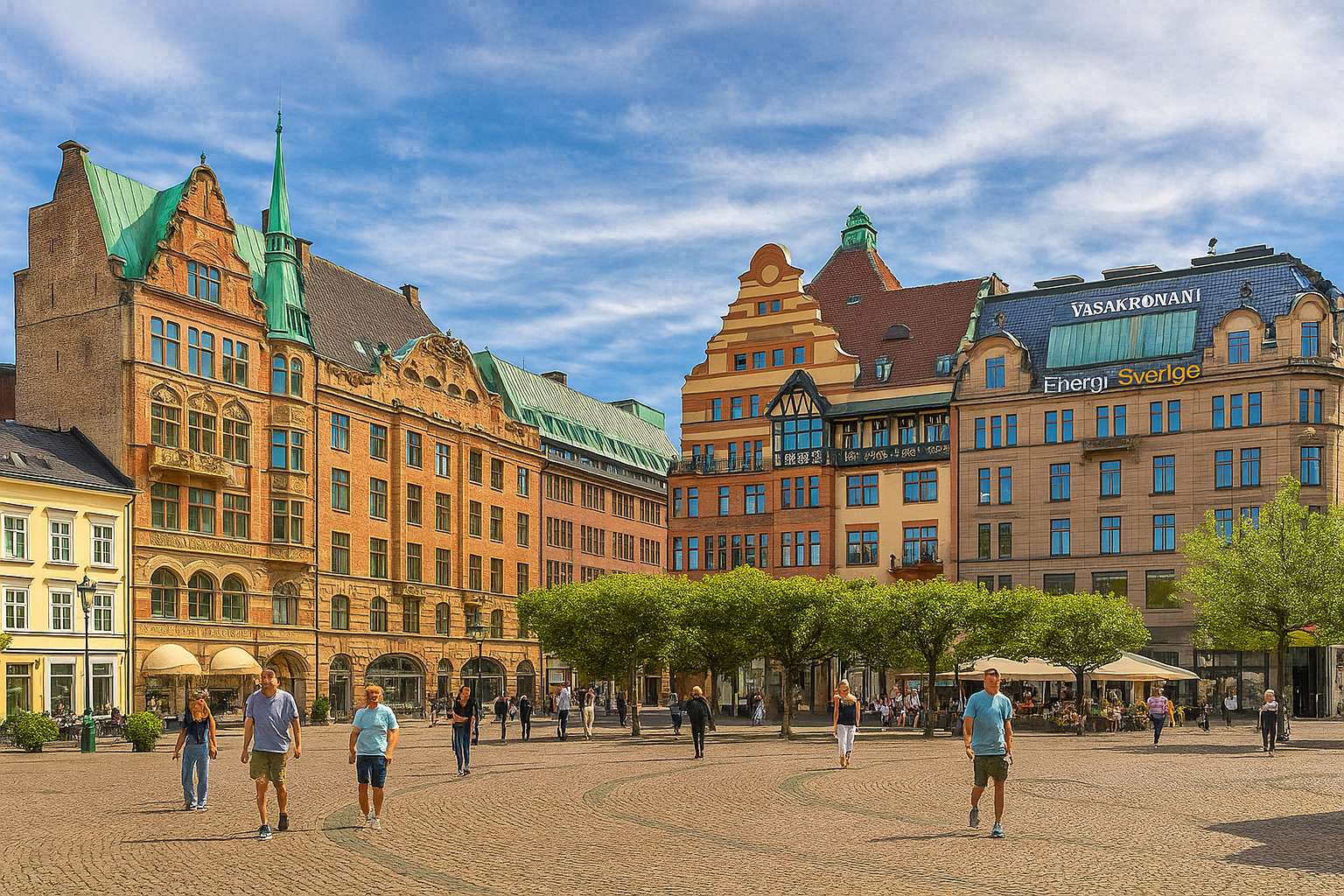 Blick auf den Stortorget Platz in Malmö mit historischen Gebäuden, belebtem Stadtleben und Himmel mit Zirrus- und Kumuluswolken.