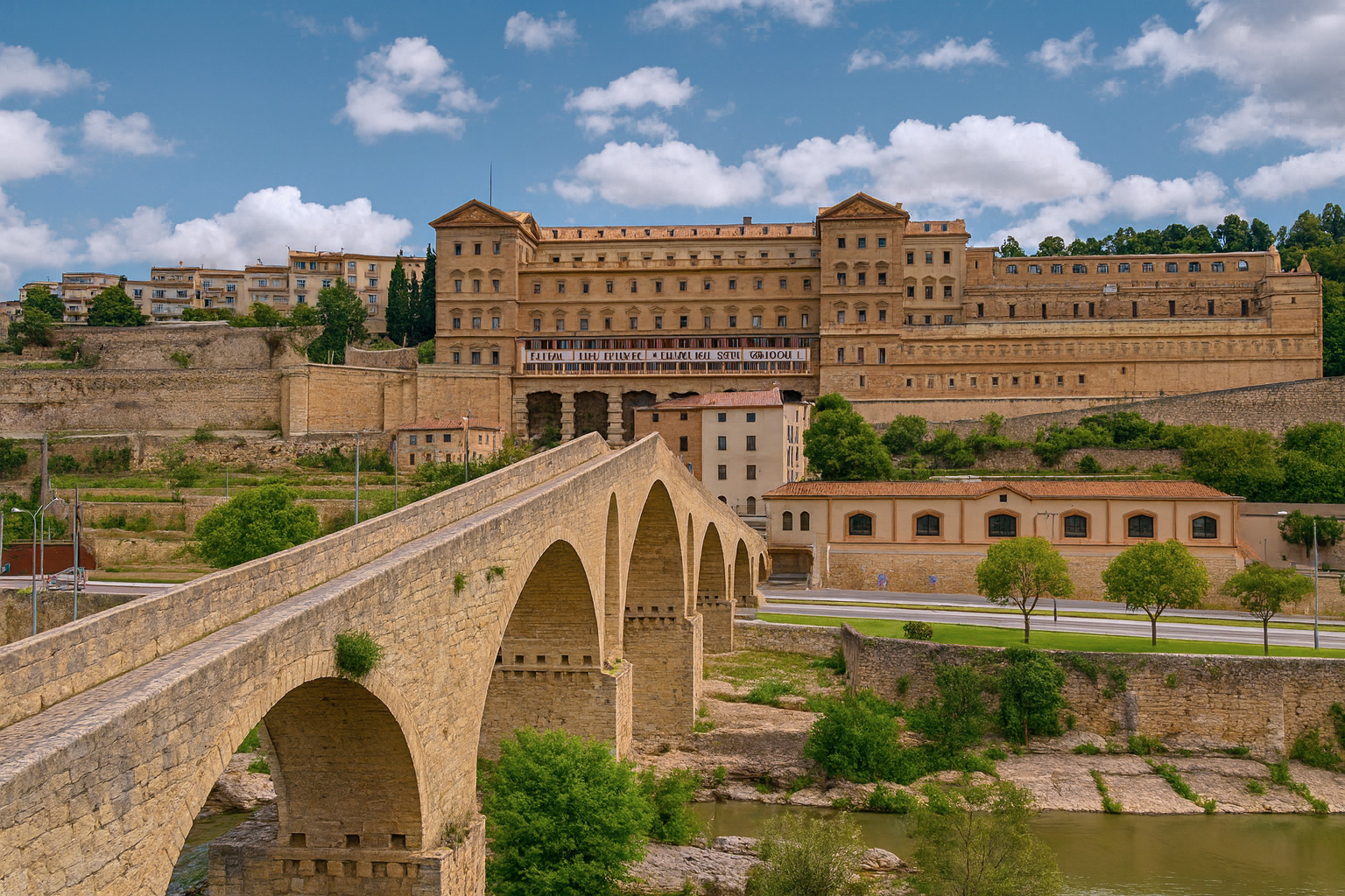 Die Pont Vell Brücke in Manresa mit dem Casal Lluís Espinal – Cova de Sant Ignasi im Hintergrund unter malerischen weiß-grauen Wolken im besten Sonnenlicht.