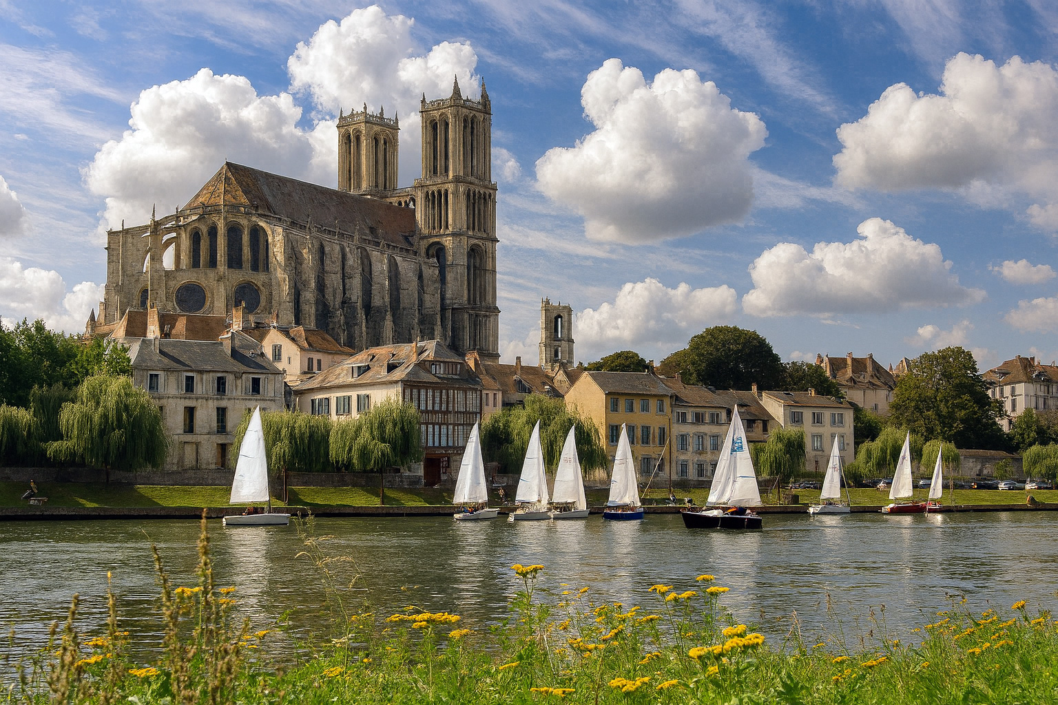 Panorama der Stadt Mantes-la-Jolie an der Seine mit Segelbooten auf dem Wasser und der Stiftskirche Notre-Dame im Hintergrund unter einem Himmel mit Zirrus- und Cumuluswolken bei Sonnenlicht.