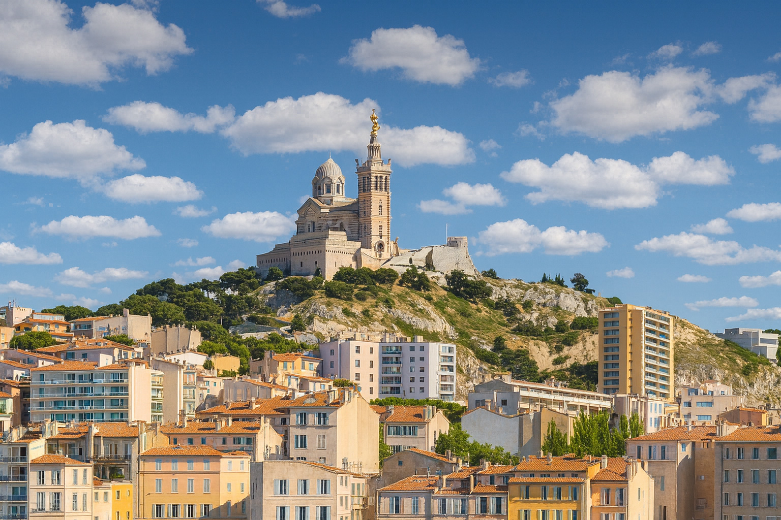 Panorama von Notre-Dame de la Garde auf dem Hügel über Marseille unter malerischen weiß-grauen Wolken im besten Sonnenlicht.