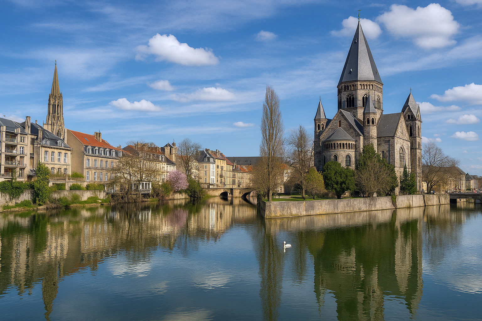 Panorama der Stadt Metz mit der Temple Neuf Kirche auf der Insel im Fluss Mosel unter einem Himmel mit Zirrus- und Cumuluswolken bei Sonnenlicht.