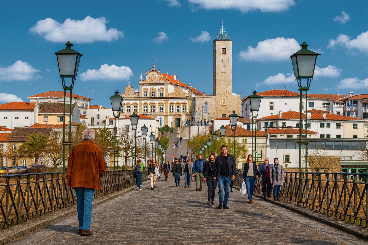 Ponte Velha Brücke in Mirandela mit Spaziergängern im Sonnenlicht, Blick auf die Altstadt und den markanten Kirchturm unter klarem Himmel mit malerischen weiß-grauen Wolken.