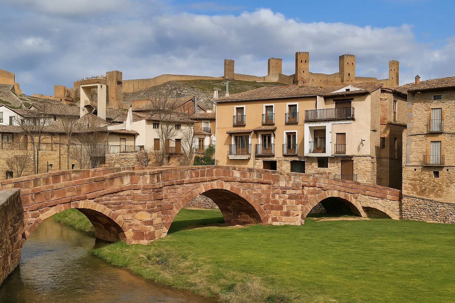 Historische Altstadt von Molina de Aragón mit der Puente Románico Brücke und der mittelalterlichen Festung im Hintergrund bei sonnigem Wetter und malerischen weiß-grauen Wolken.