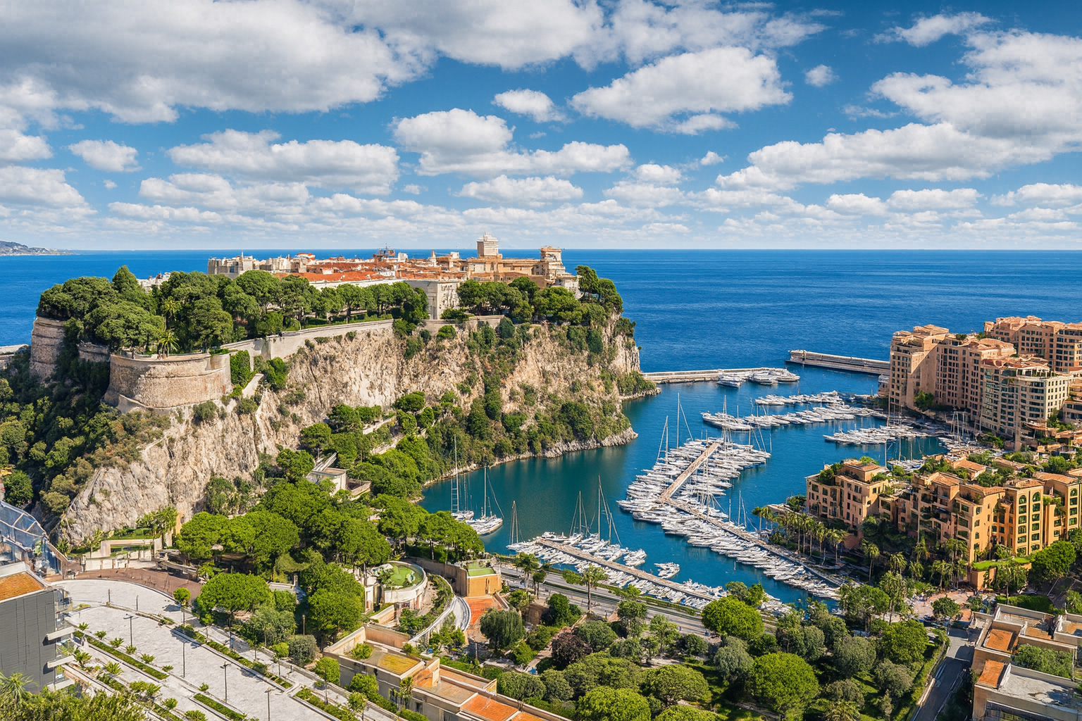 Panorama von Monaco mit dem Fürstenpalast auf dem Felsen und dem Yachthafen unter malerischen weiß-grauen Wolken im besten Sonnenlicht.