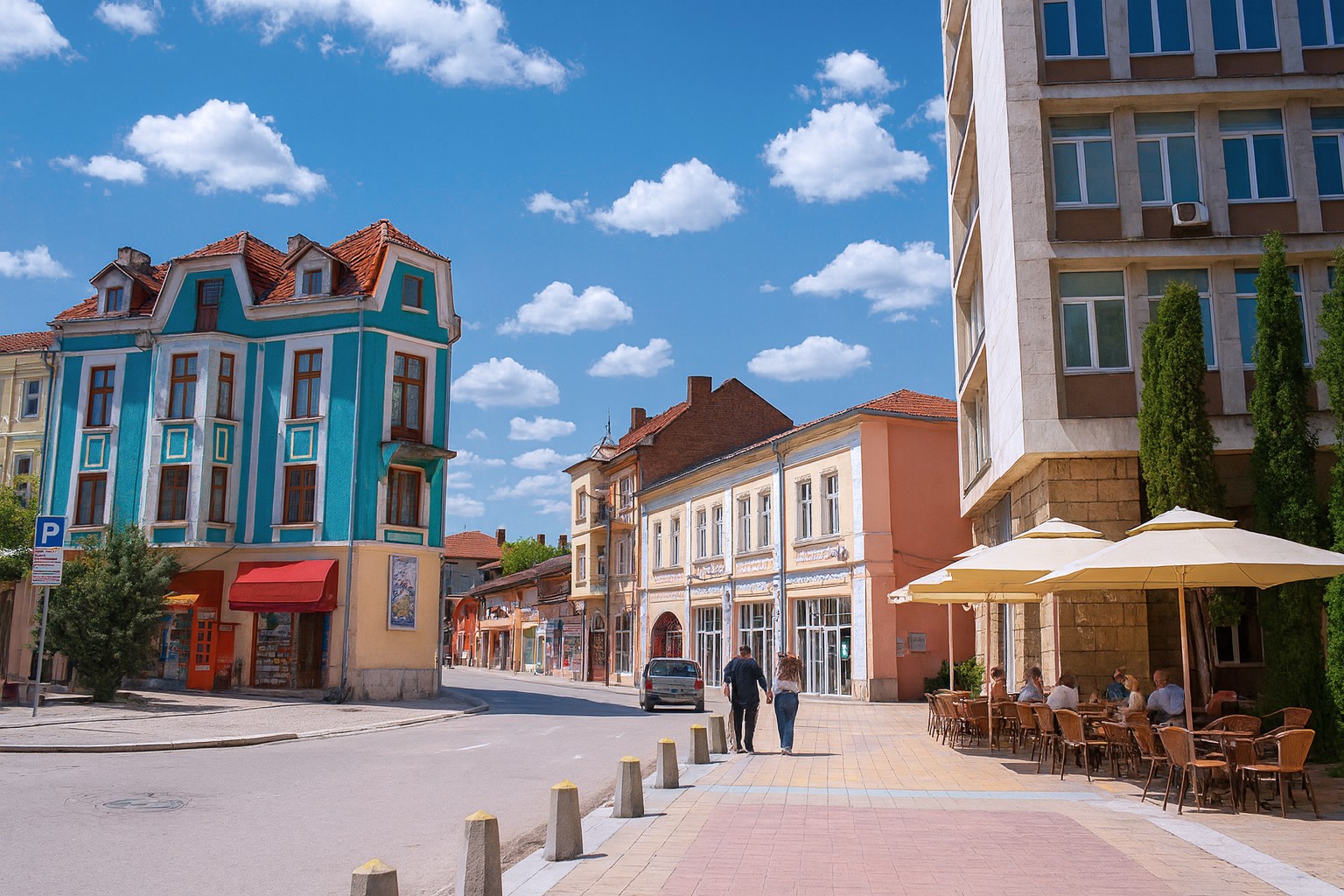 Hauptstraße in Montana mit restaurierten Altbauten, blauem Himmel und weißen Wolken, ergänzt durch ein Straßencafé mit Sonnenschirmen auf dem Gehweg.
