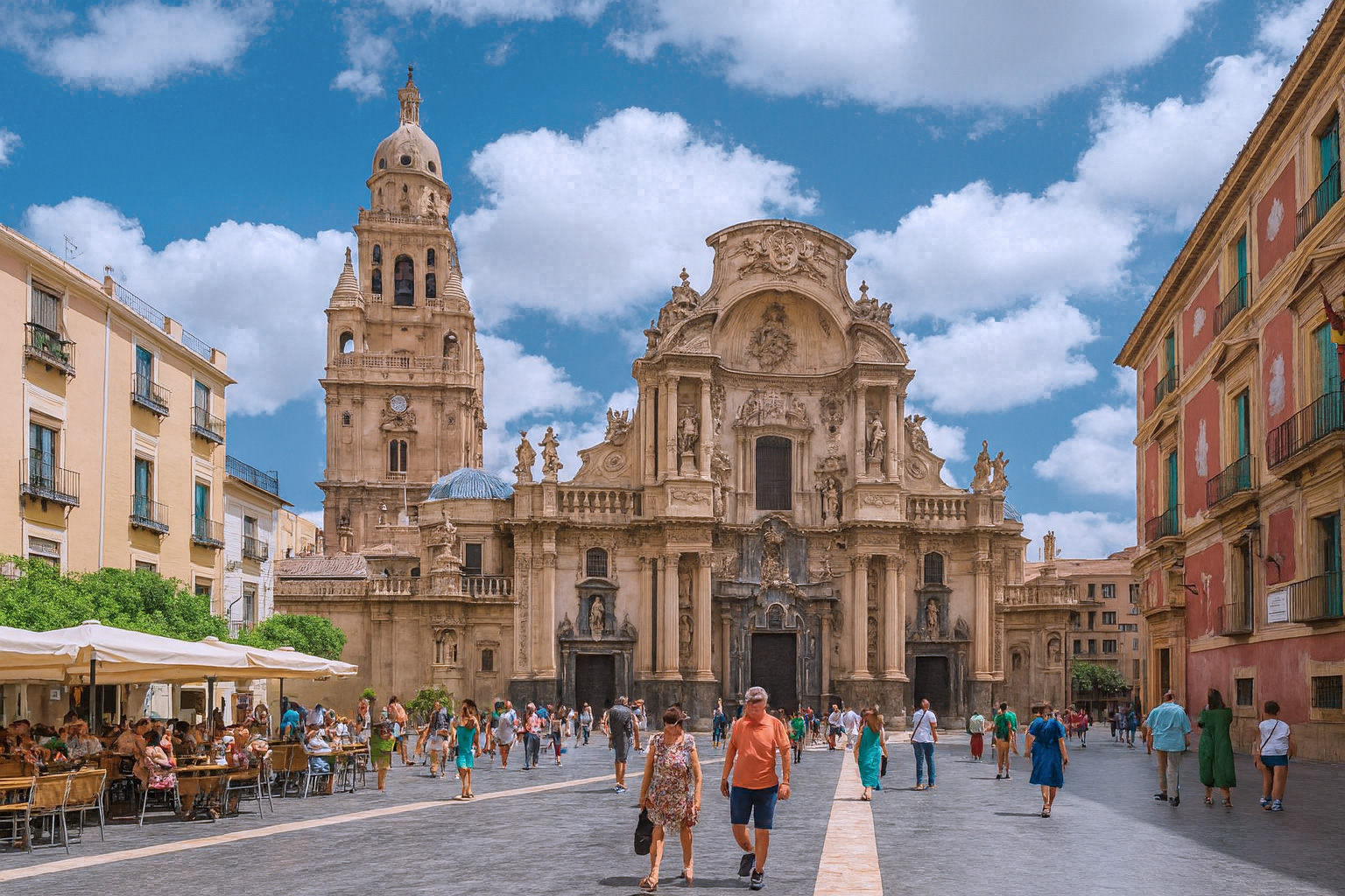 Plaza del Cardenal Belluga in Murcia mit der Kathedrale, Spaziergängern und einem belebten Straßencafé unter malerischen weiß-grauen Wolken im Sonnenlicht.