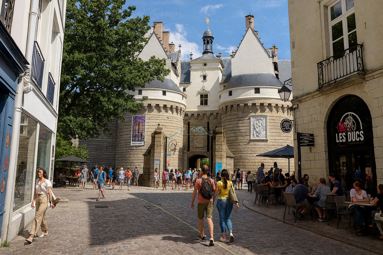Belebte Altstadt von Nantes mit Spaziergängern vor dem Eingangstor zur Burg Château des ducs de Bretagne und einem gut besuchten Straßencafé bei sonnigem Wetter.