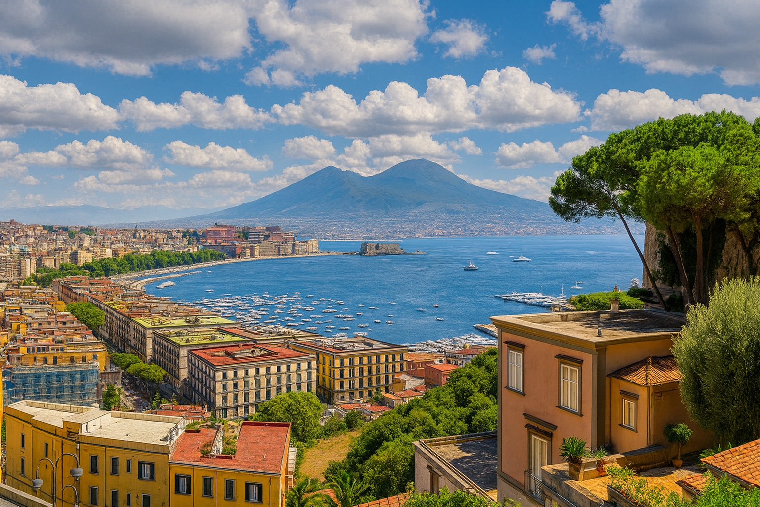 Panorama von Neapel mit Blick auf den Vesuv, das blaue Meer und die Küstenlinie unter malerischen weiß-grauen Wolken im besten Sonnenlicht.