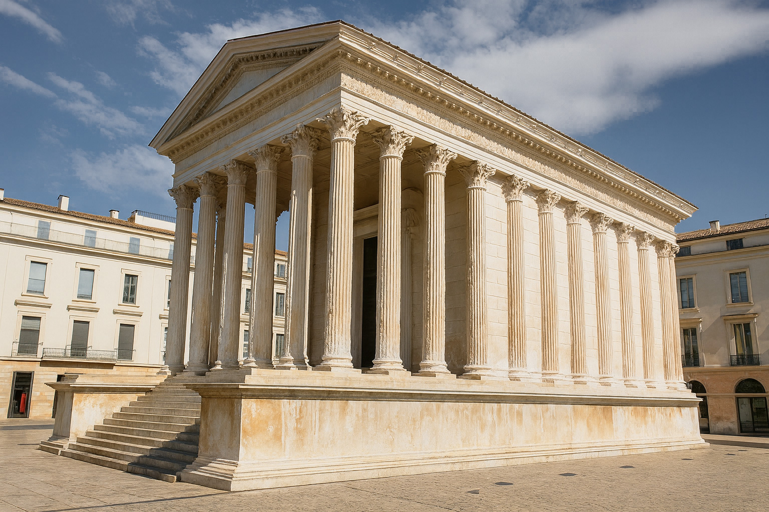 Der Maison Carrée Tempel in Nîmes unter malerischen weiß-grauen Wolken im besten Sonnenlicht