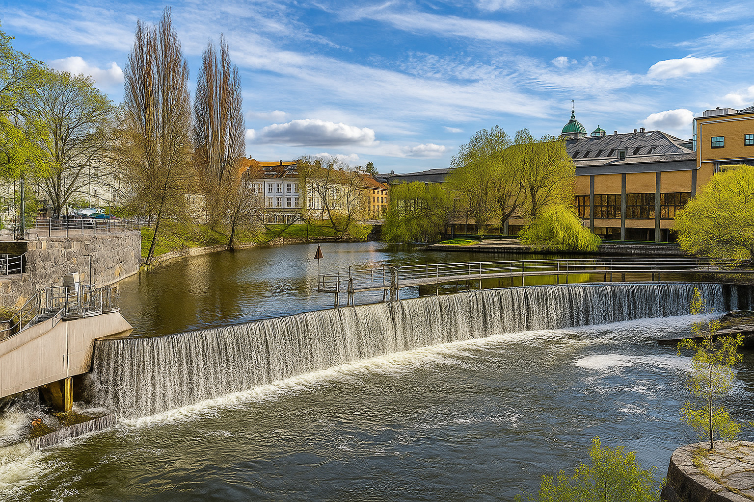 Blick auf den Wasserfall in Norrköping mit historischen Gebäuden und grüner Uferlandschaft unter einem Himmel mit Zirrus- und Kumuluswolken.