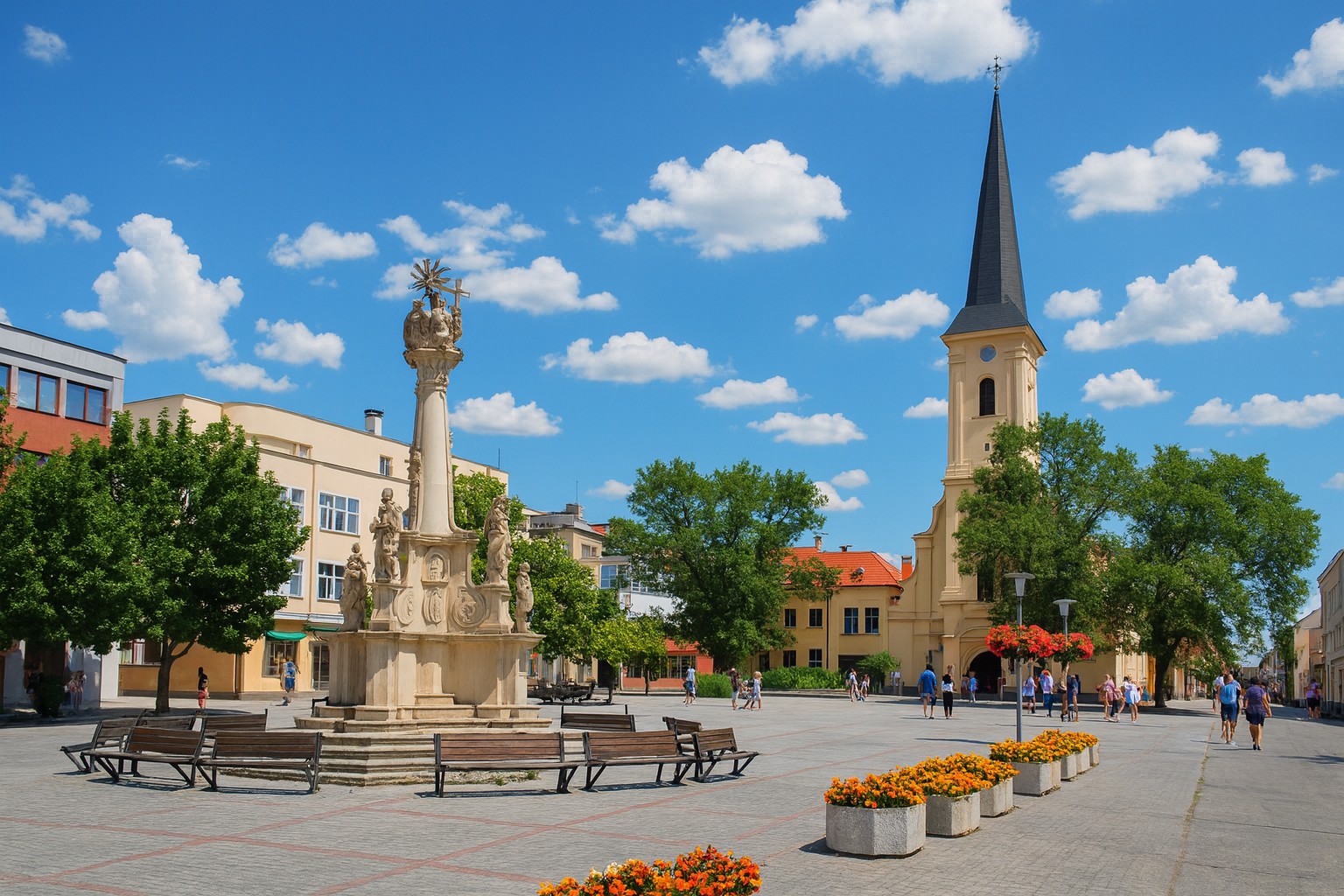 Hauptplatz von Nové Zámky mit barocker Mariensäule, Kirche mit hohem Turm, blühenden Blumenbeeten und Spaziergängern unter blauem Himmel mit weißen Wolken.